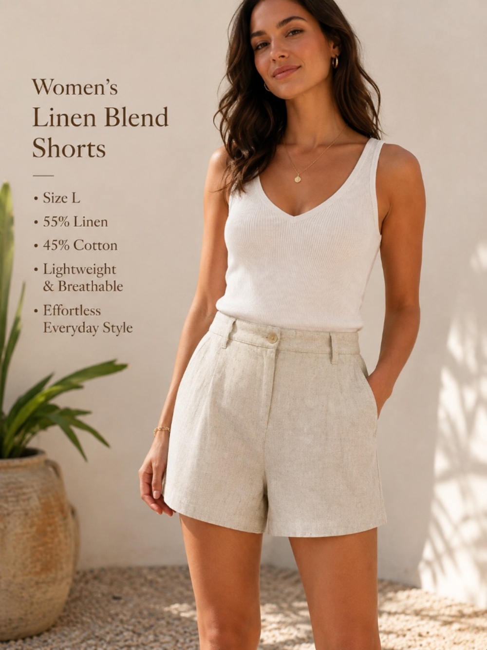 TGLA women’s linen-blend tailored shorts in a natural beige/linen color.